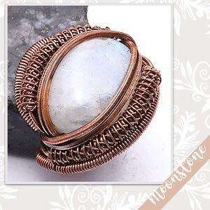 Moonstone Eclectic Copper Wire Wrapped Artisan Ring, Sz 9.5 (White, Blue-Violet)